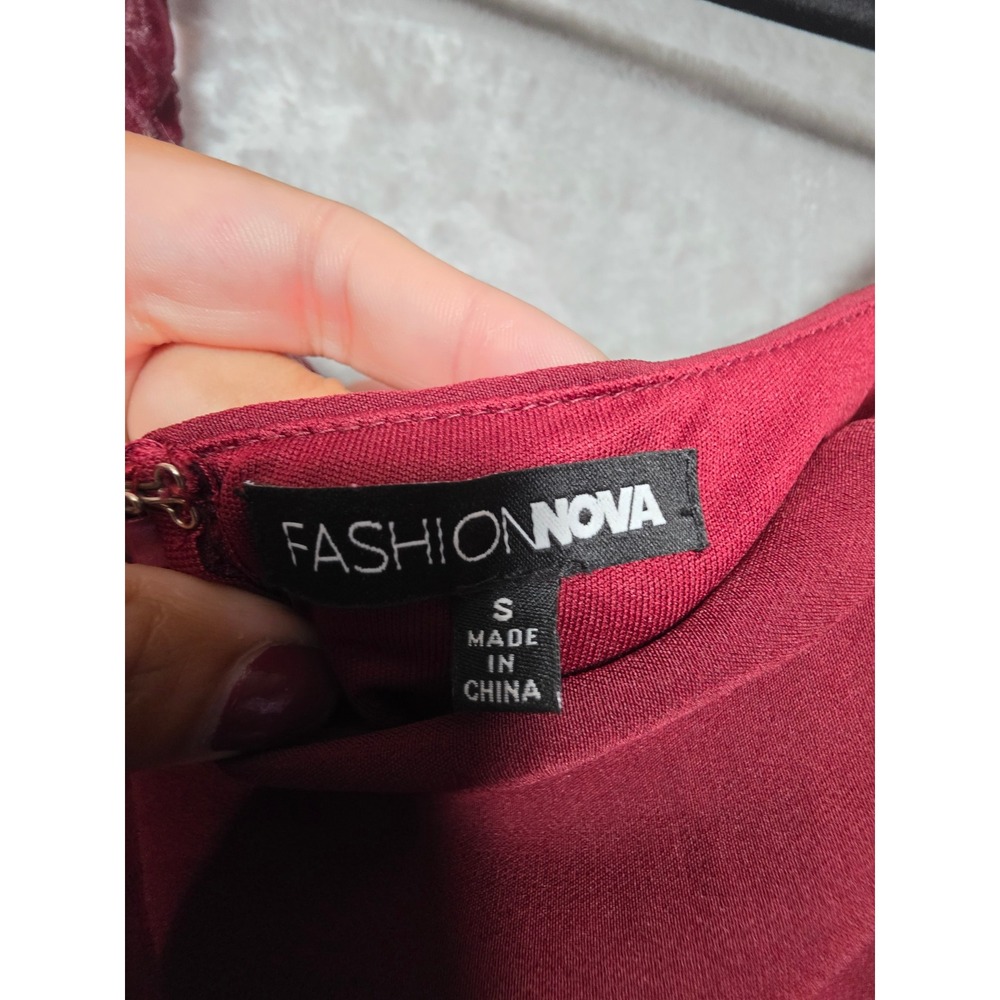 Fashion Nova Burgundy Square Neck Sheer‎ Puff Sleeve Mini Dress Small - Picture 2 of 8